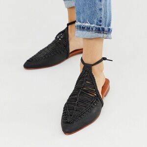Free People Black Dana Leather Woven Flat Mules With Ankle Ties